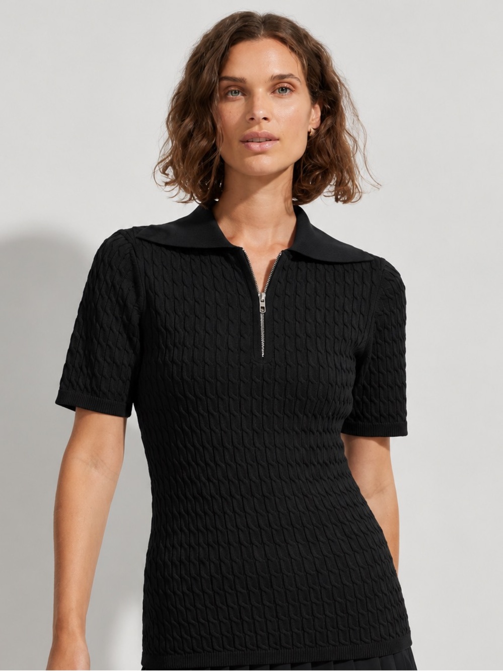 Varley Lillian Off Court Polo in Black Textured Knit Sz S